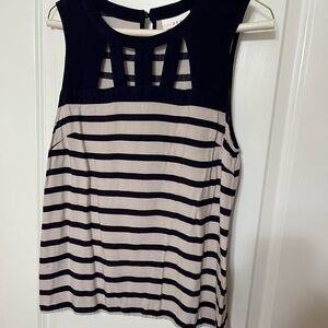 Navy and off white striped tank top with cut out detailing